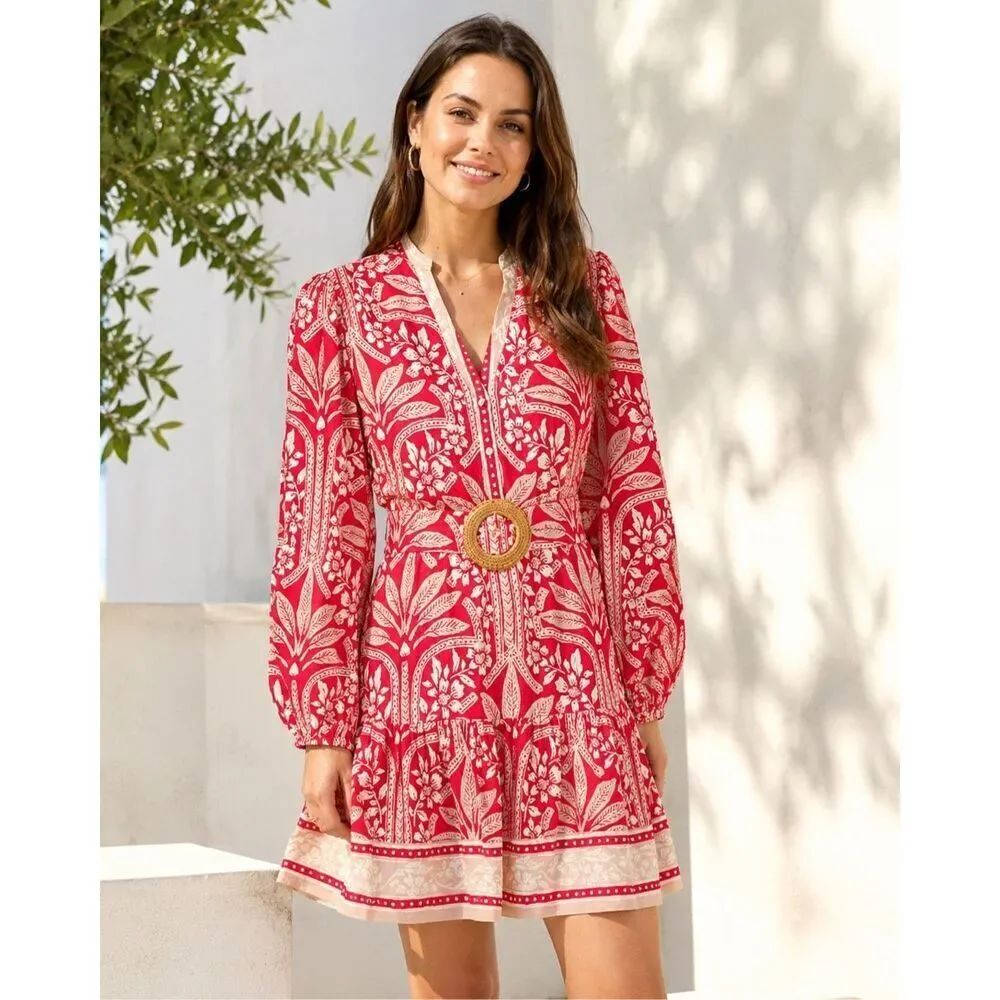Adrianna by Adrianna Papell Belted Split Neck Floral Dress Sz 4 Long Sleeve